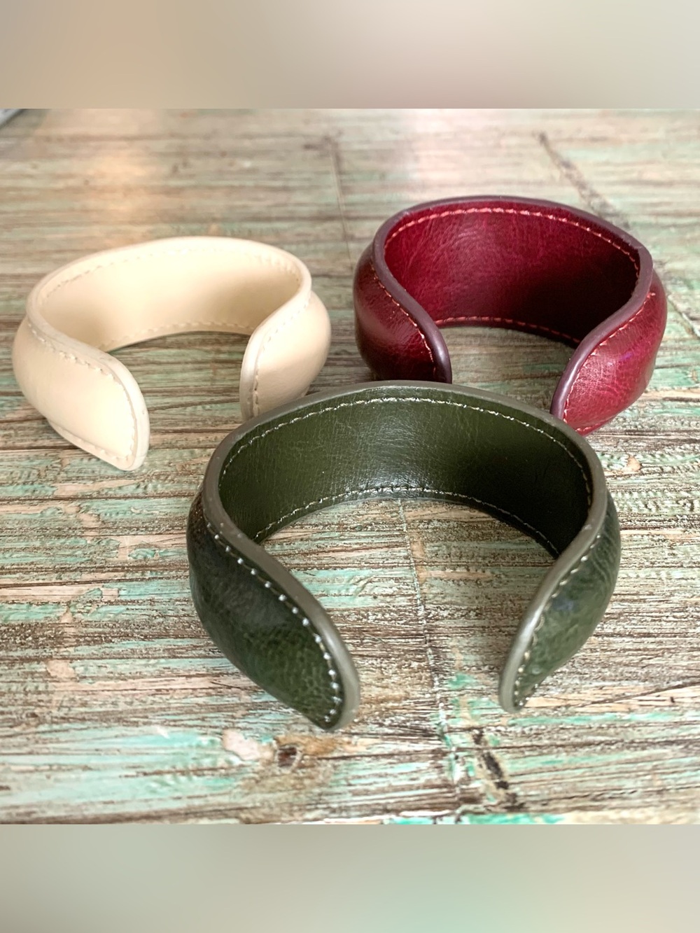 Zara Leather Olive Green, Cream & Burgundy Cuff Bracelet Set - Picture 3 of 4